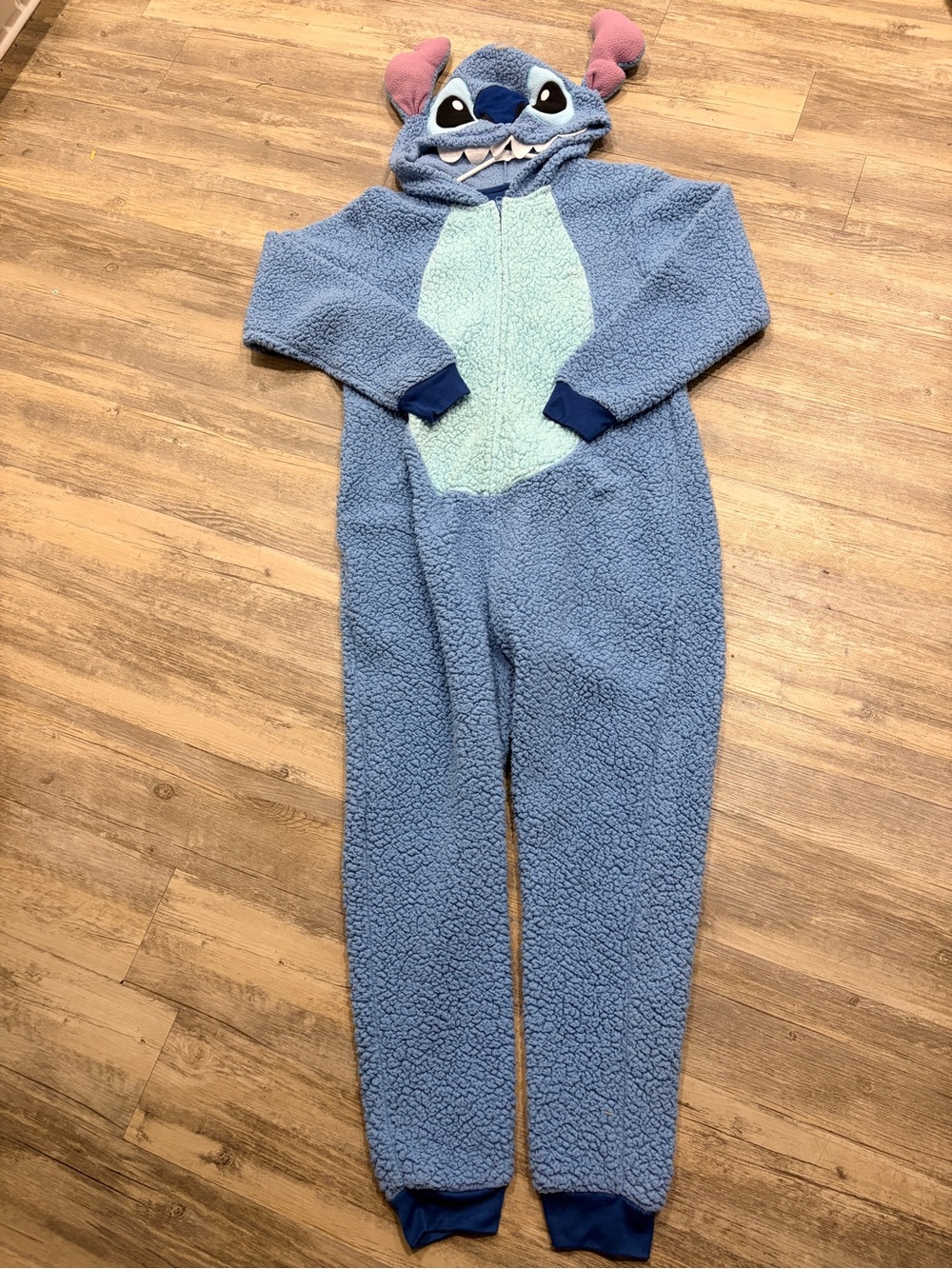 Disney Blue Stitch Sherpa Onesie Pajamas with Light Blue Belly and Pink Ears